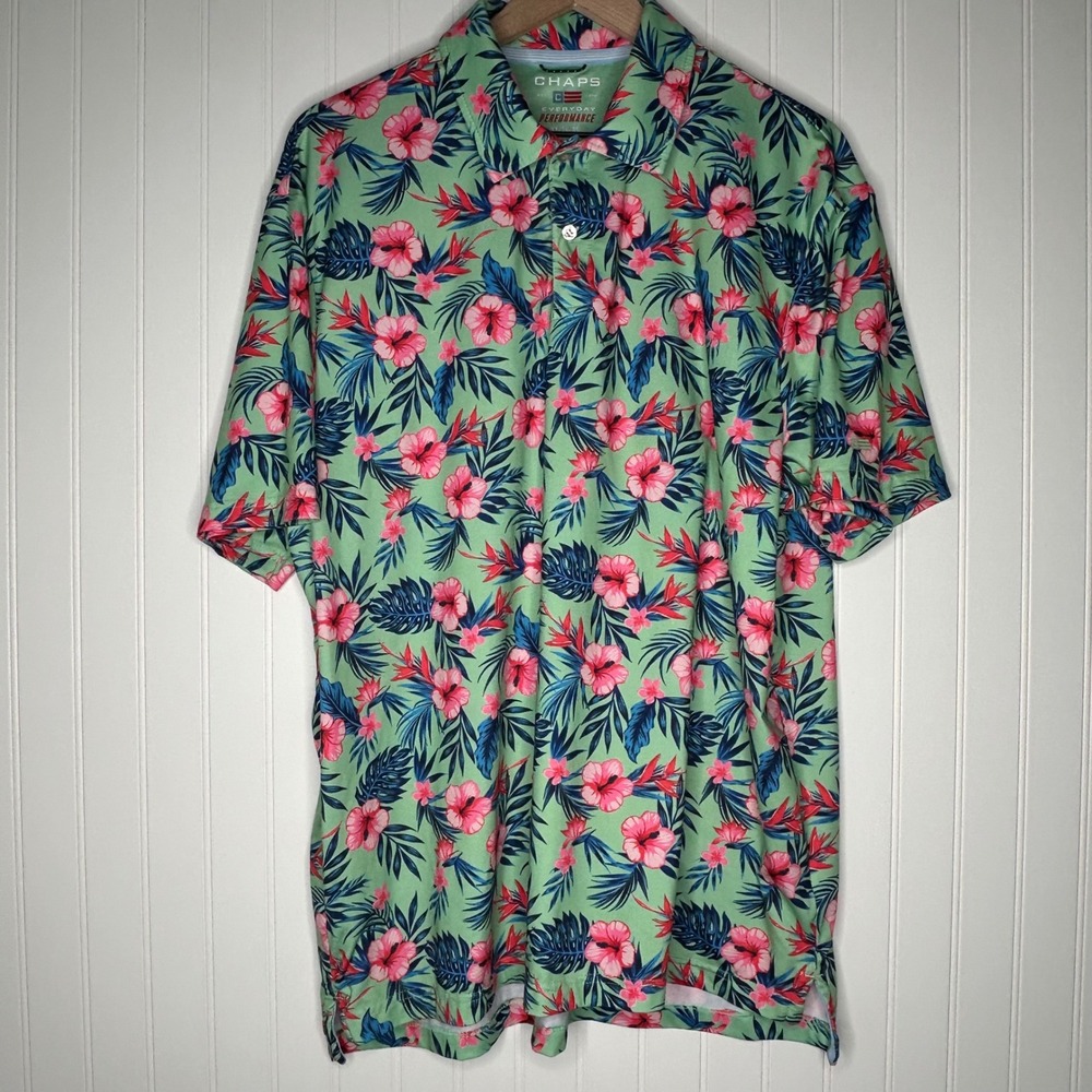 Chaps Mens Performance Polo XL Tropical Floral Hibiscus Golf Shirt Mint Green